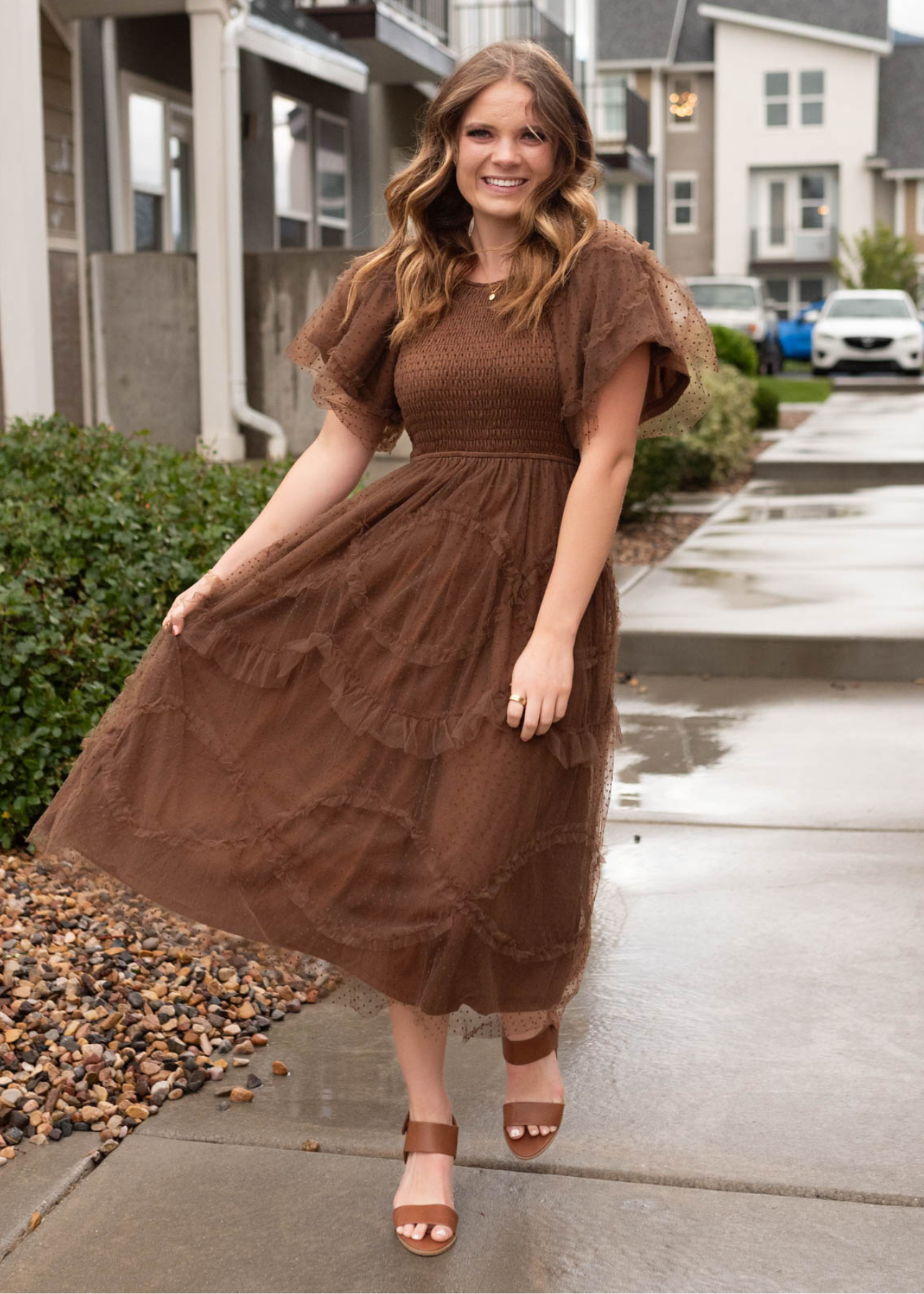 Short sleeve brown smocked ruffle dress