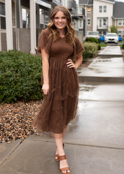 Brown smocked ruffle dress