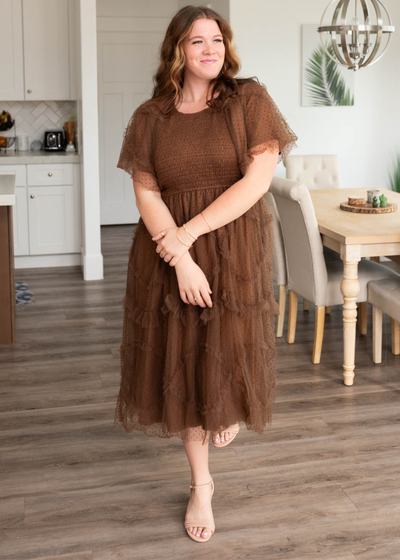 Plus size brown smocked ruffle dress