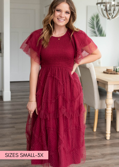 Burgundy smocked ruffle dress with short sleeves