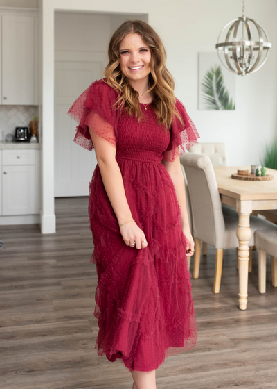 Short sleeve burgundy smocked ruffle dress