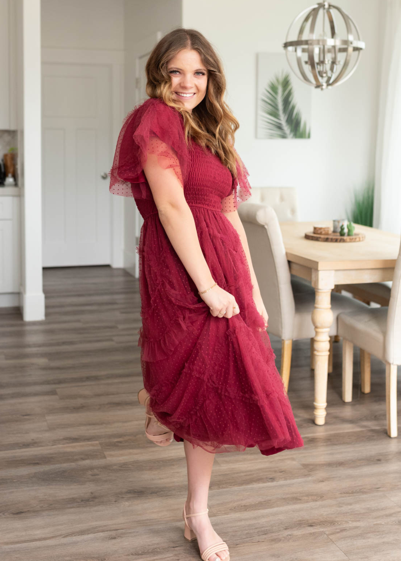 Burgundy smocked ruffle dress