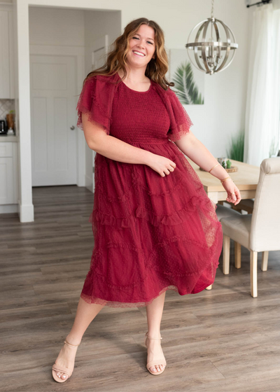 Plus size burgundy smocked ruffle dress