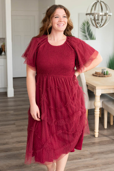 Short sleeve burgundy smocked ruffle dress