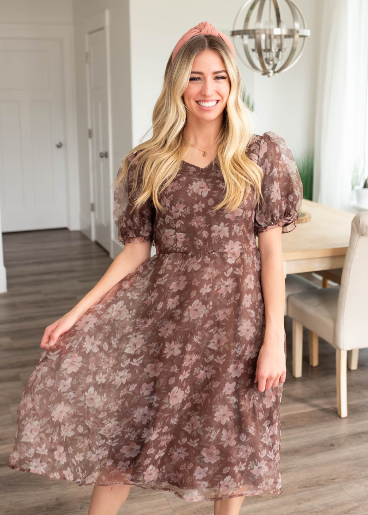 Short sleeve brown floral organza dress