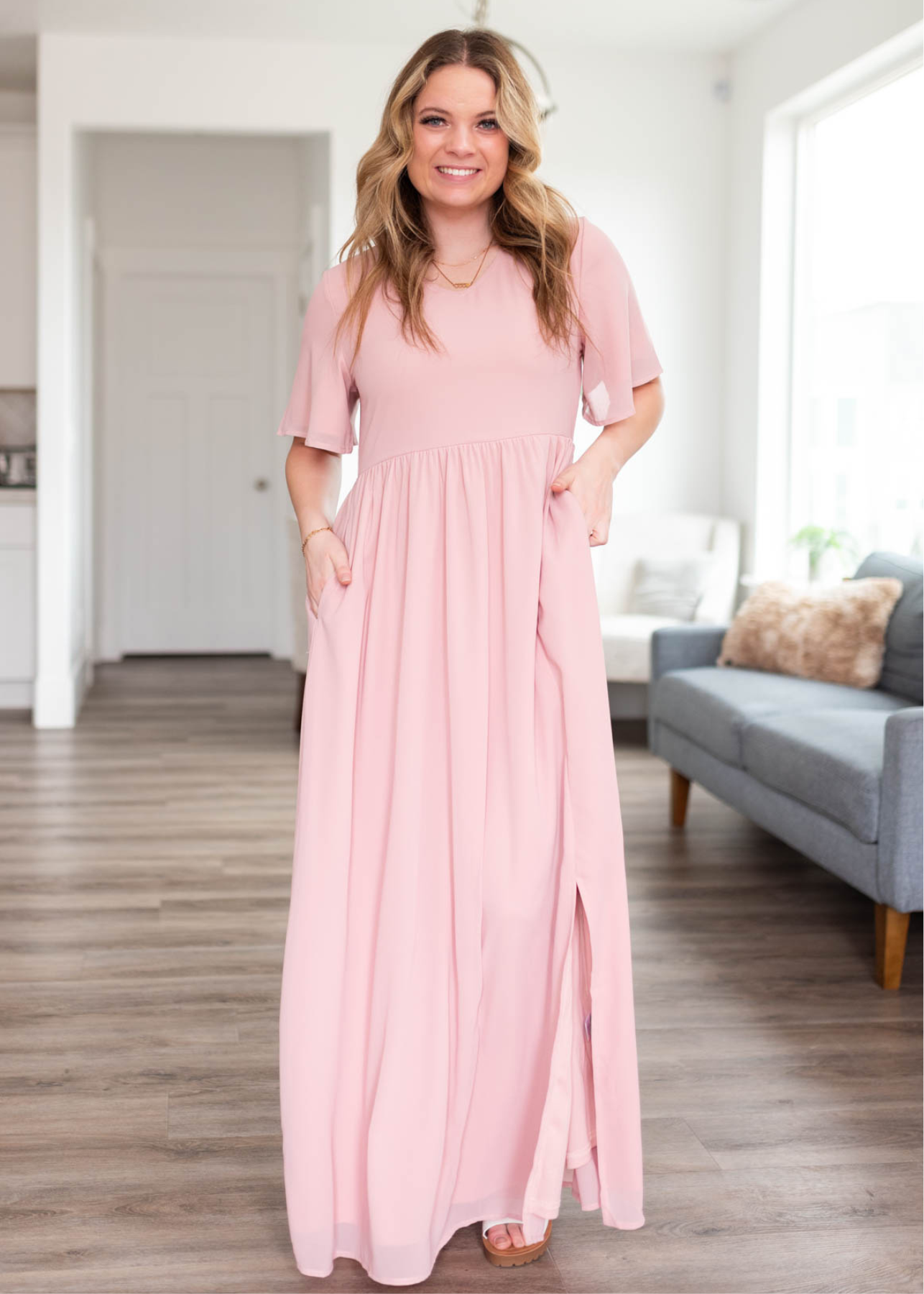 Short sleeve blush chiffon dress