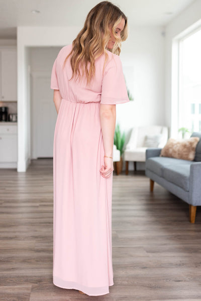 Side view of the blush chiffon dress