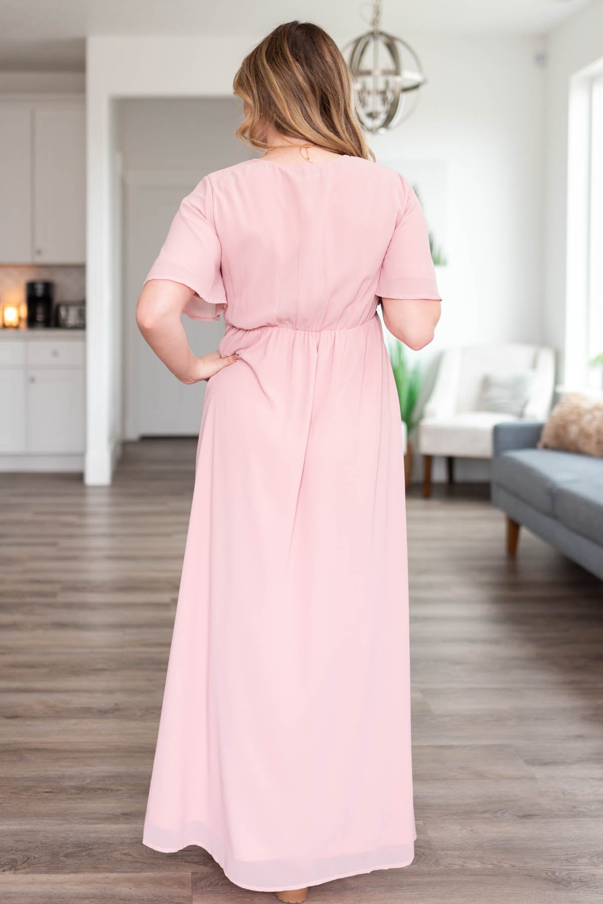 Back view of the blush chiffon dress