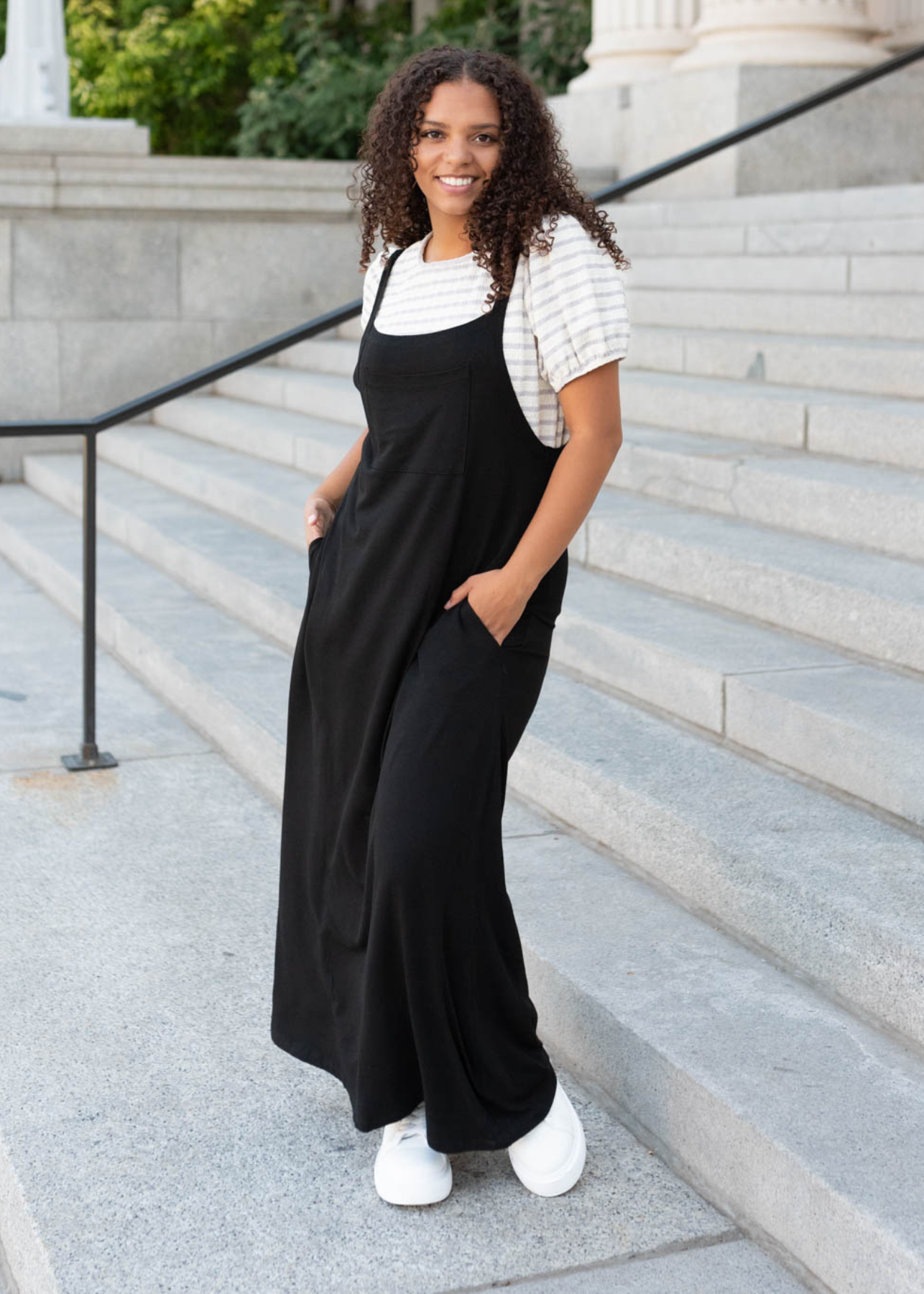 Black overall maxi dress with pockets