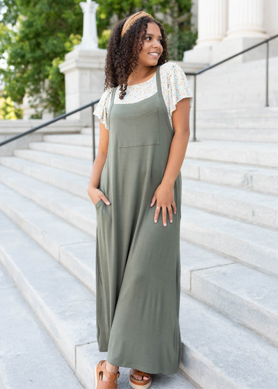 Olive overall maxi dress with thin straps
