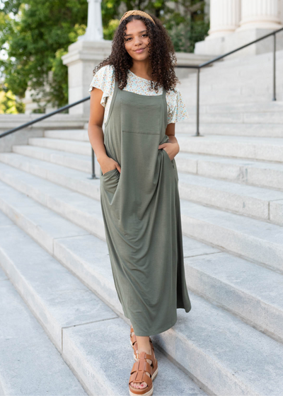 Olive overall maxi dress with front pockets