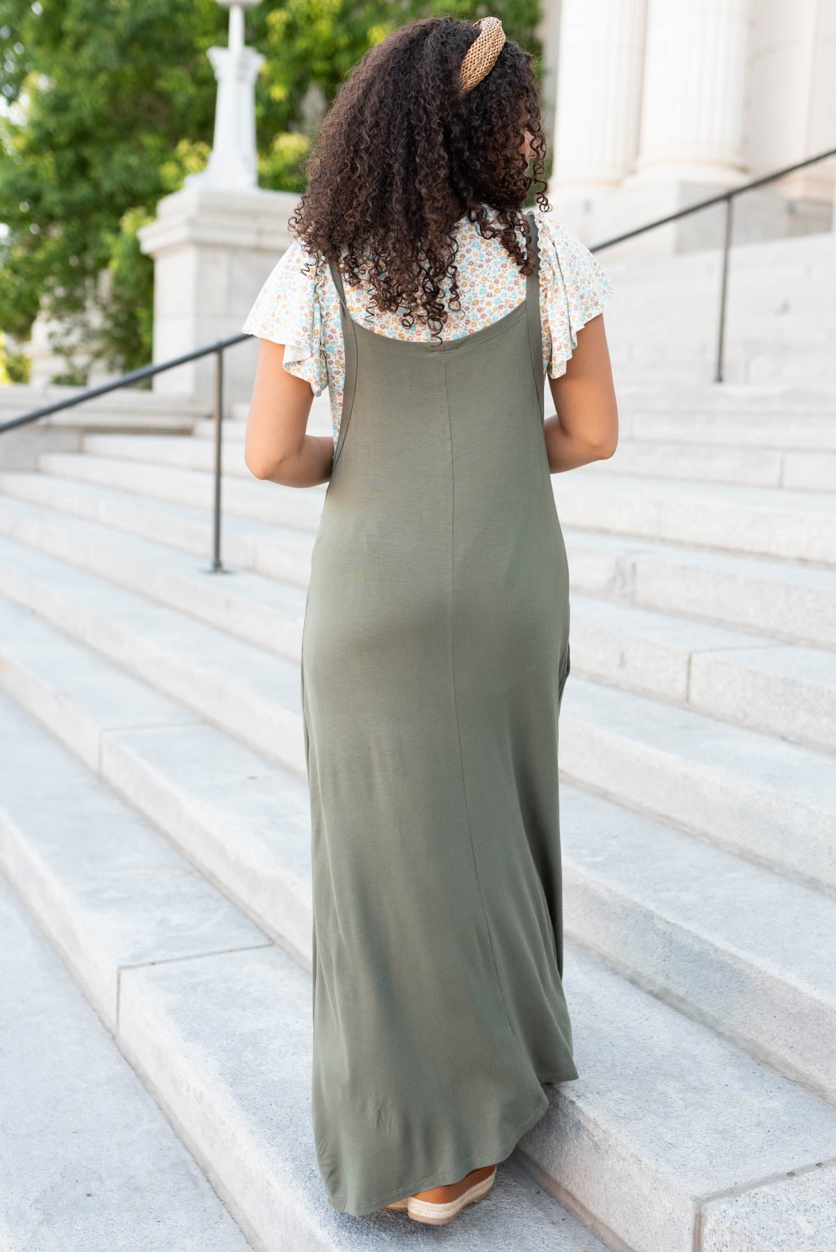 Back view of the olive overall maxi dress