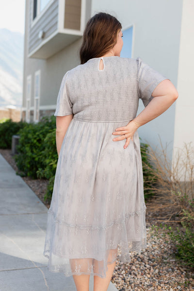 Back view of the plus size grey floral lace dress