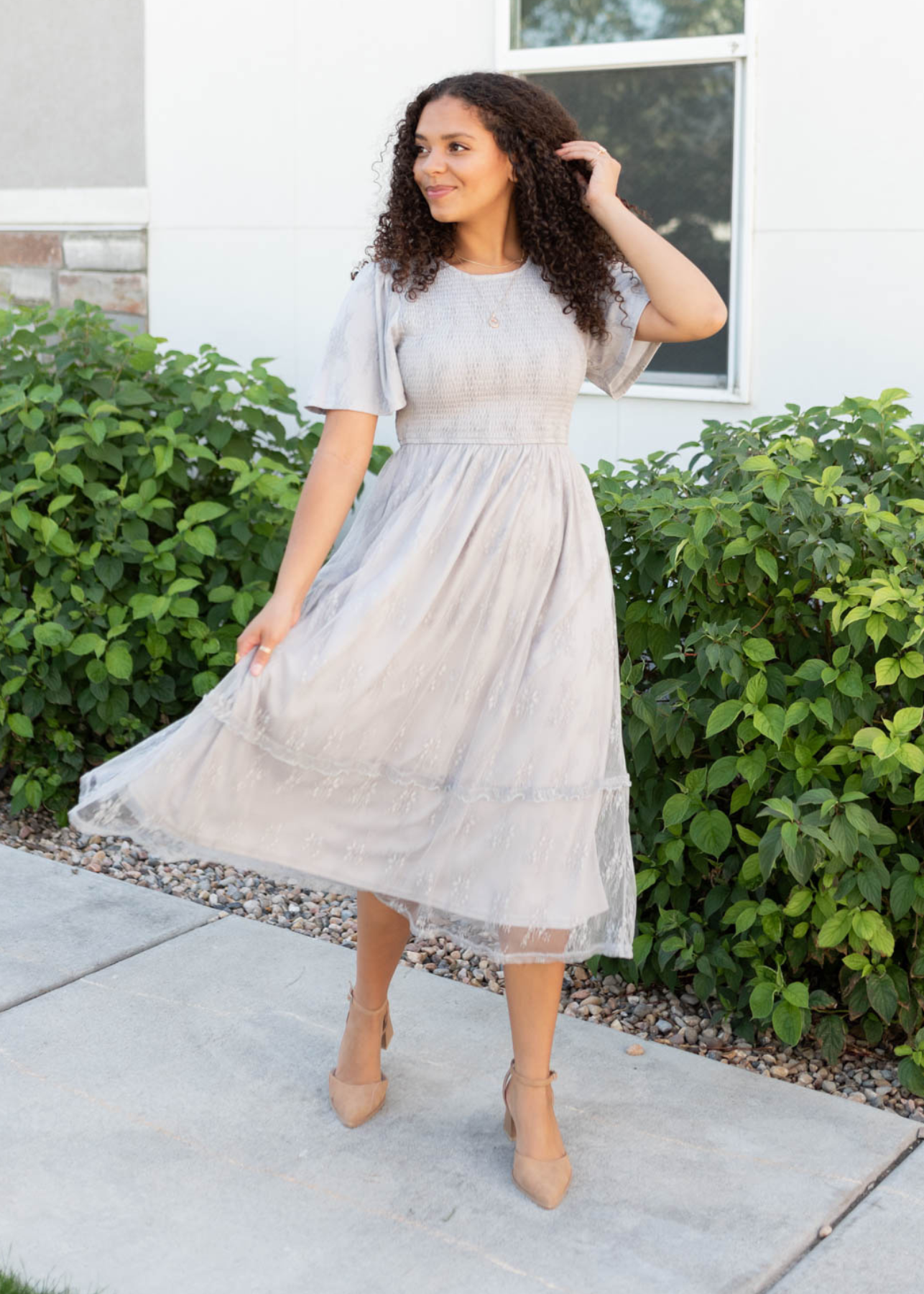 Short sleeve grey floral lace dress