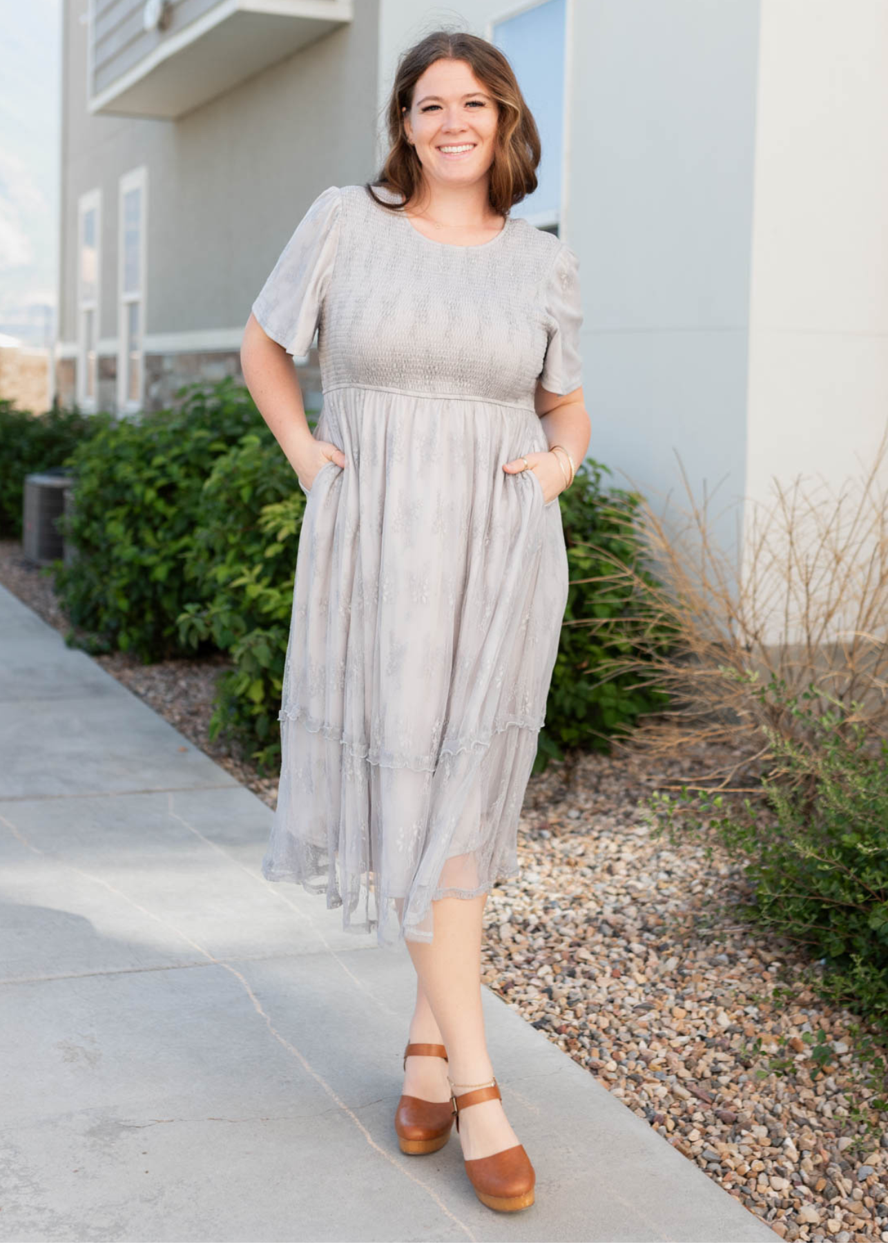 Plus size grey floral lace dress