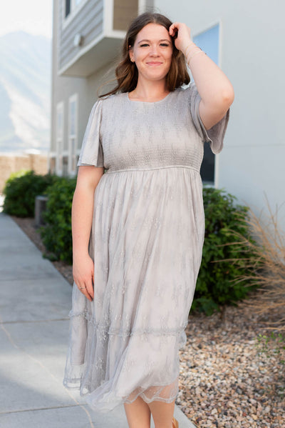 Plus size grey floral lace dress