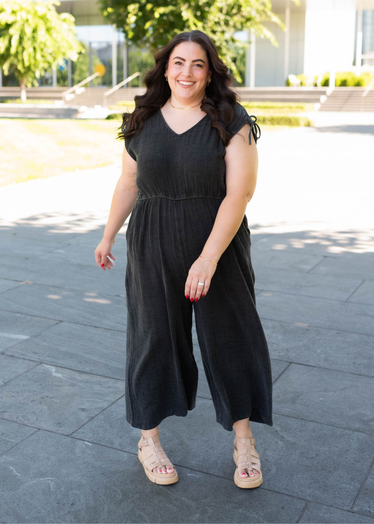 Cap sleeve plus size black mineral wash jumpsuit