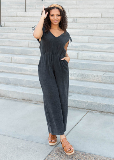 Sleeveless black mineral wash jumpsuit