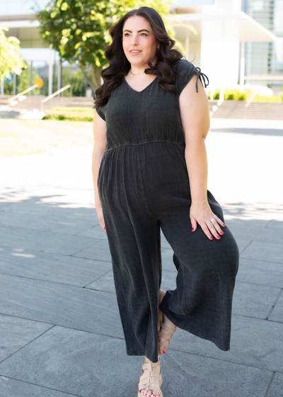 Plus size black mineral wash jumpsuit