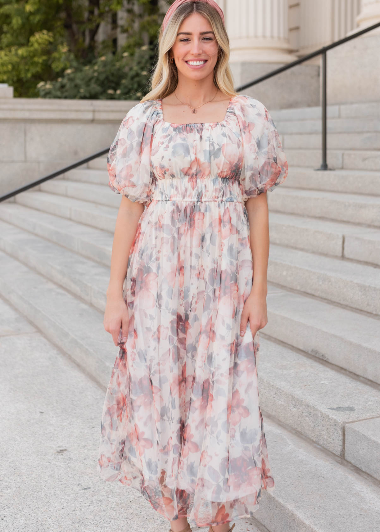 Cream floral dress with square neck