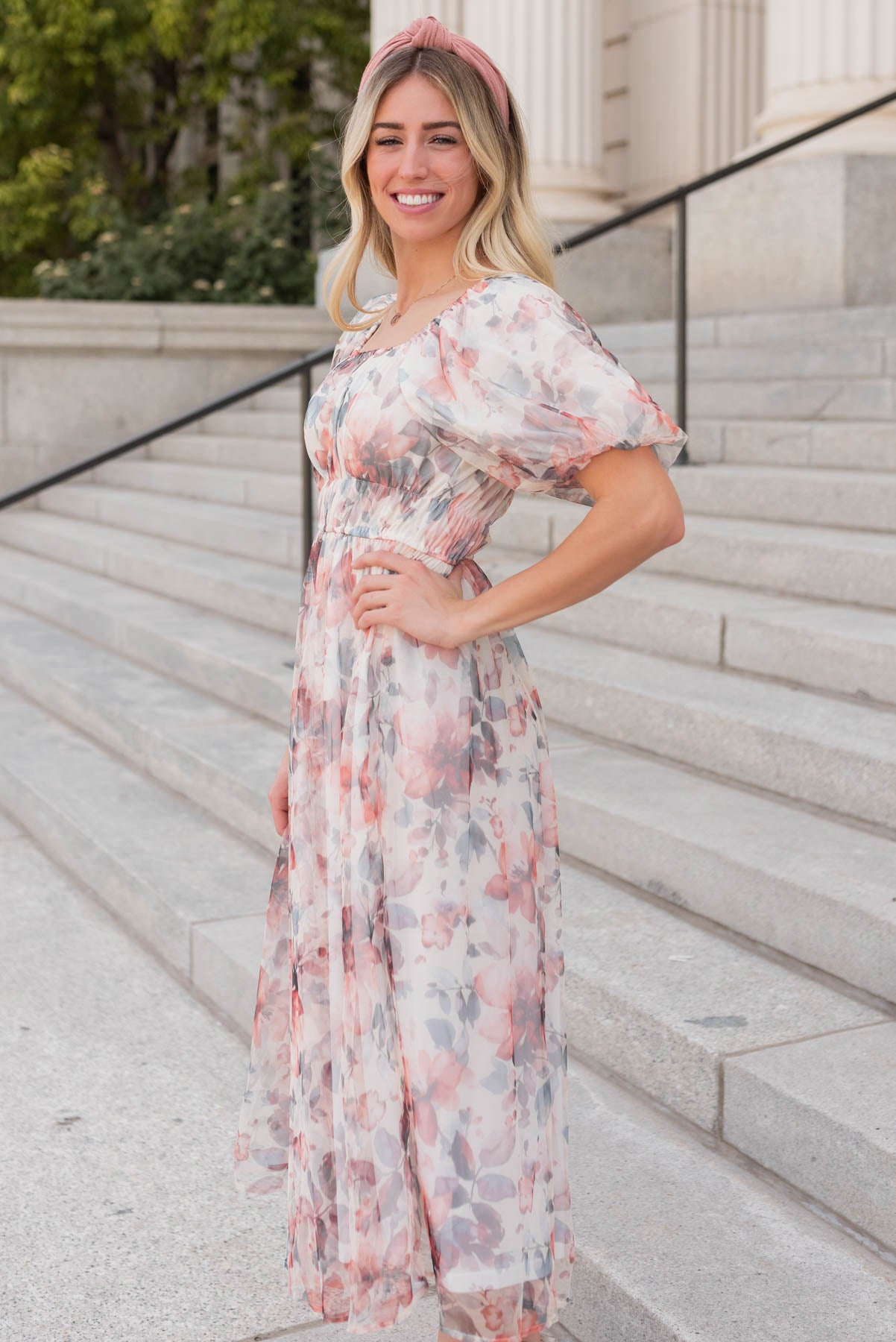 Side view of the cream floral dress