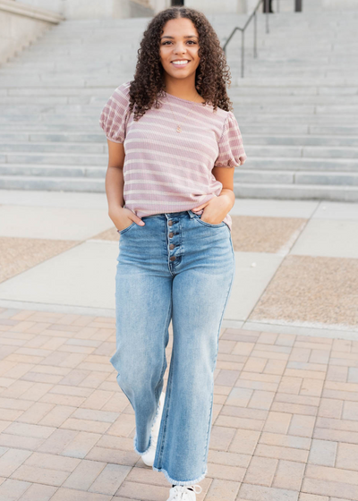 Claire Pink Stripe Ribbed Top