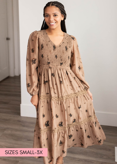 Mocha floral tiered dress with lace tri on skirt