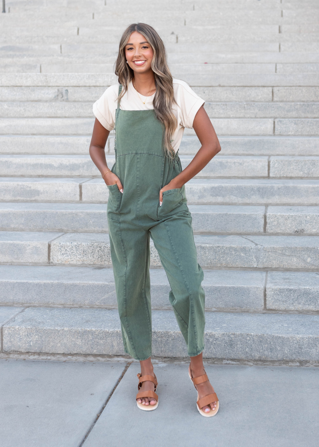 Hunter green washed jumpsuit with pockets