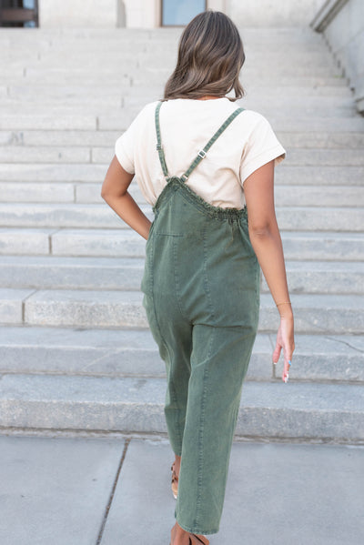 Back view of the hunter green washed jumpsuit