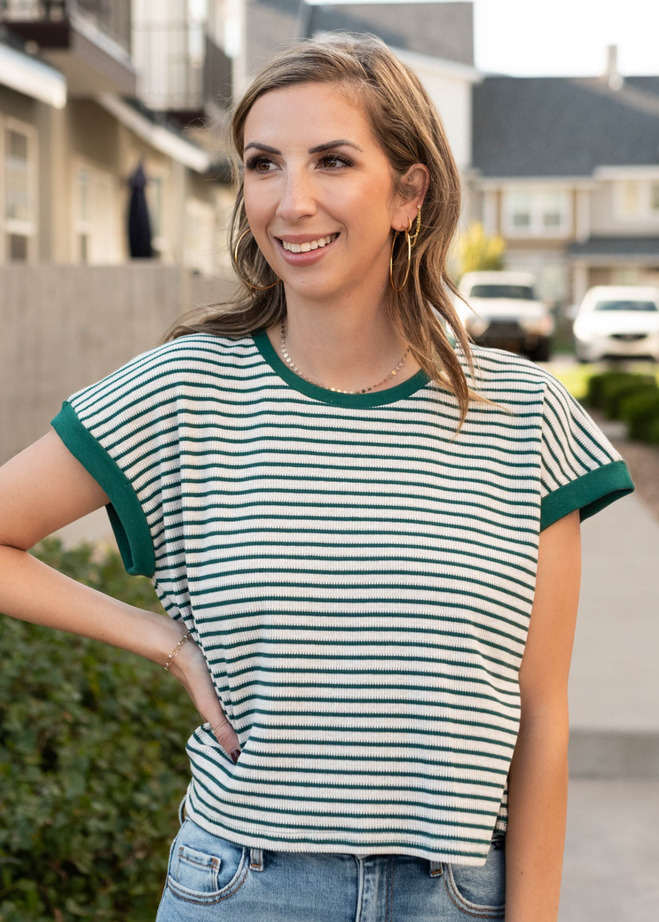 Green stripe top with green trim