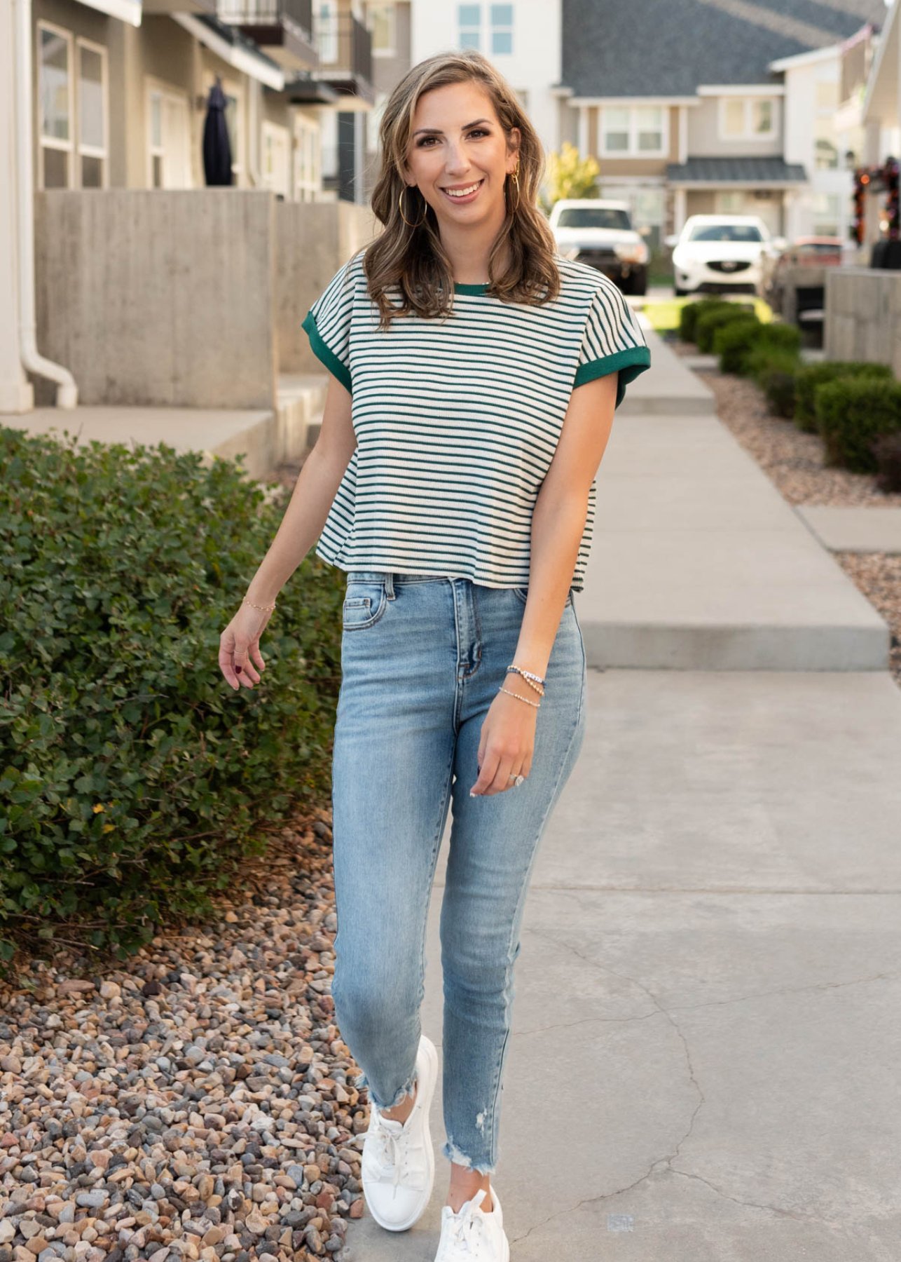 Green stripe top with short sleeves