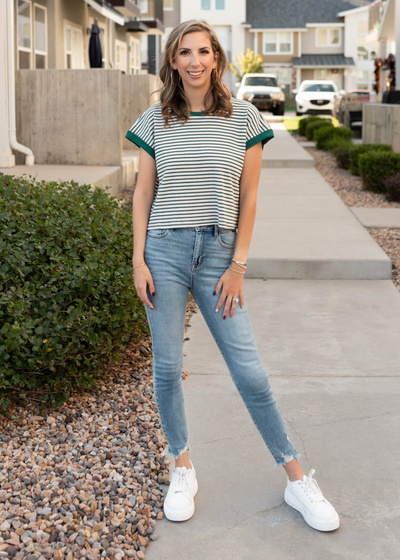 Short sleeve green stripe top