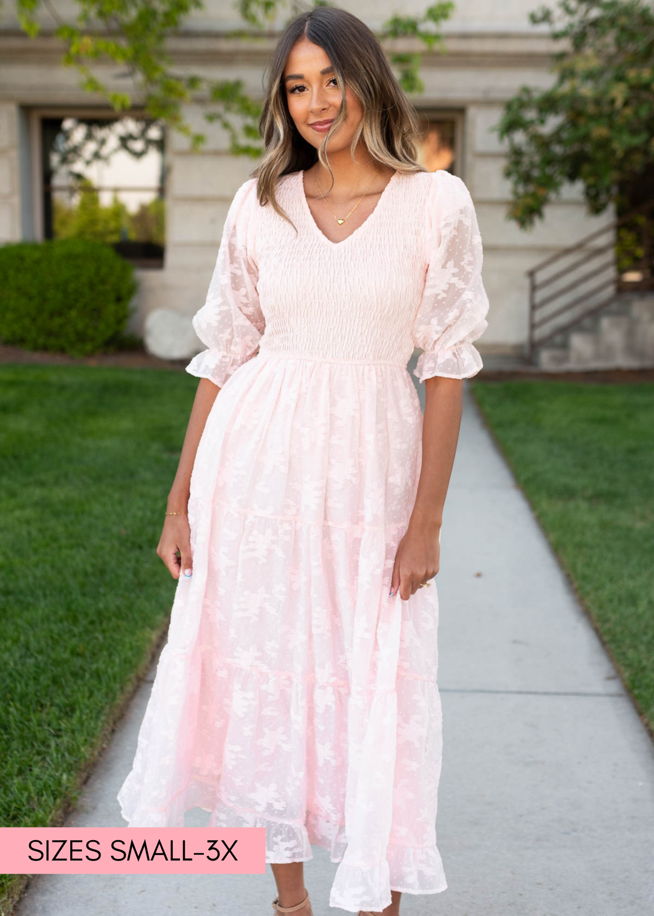 Blush v-neck maxi dress with smocked bodice