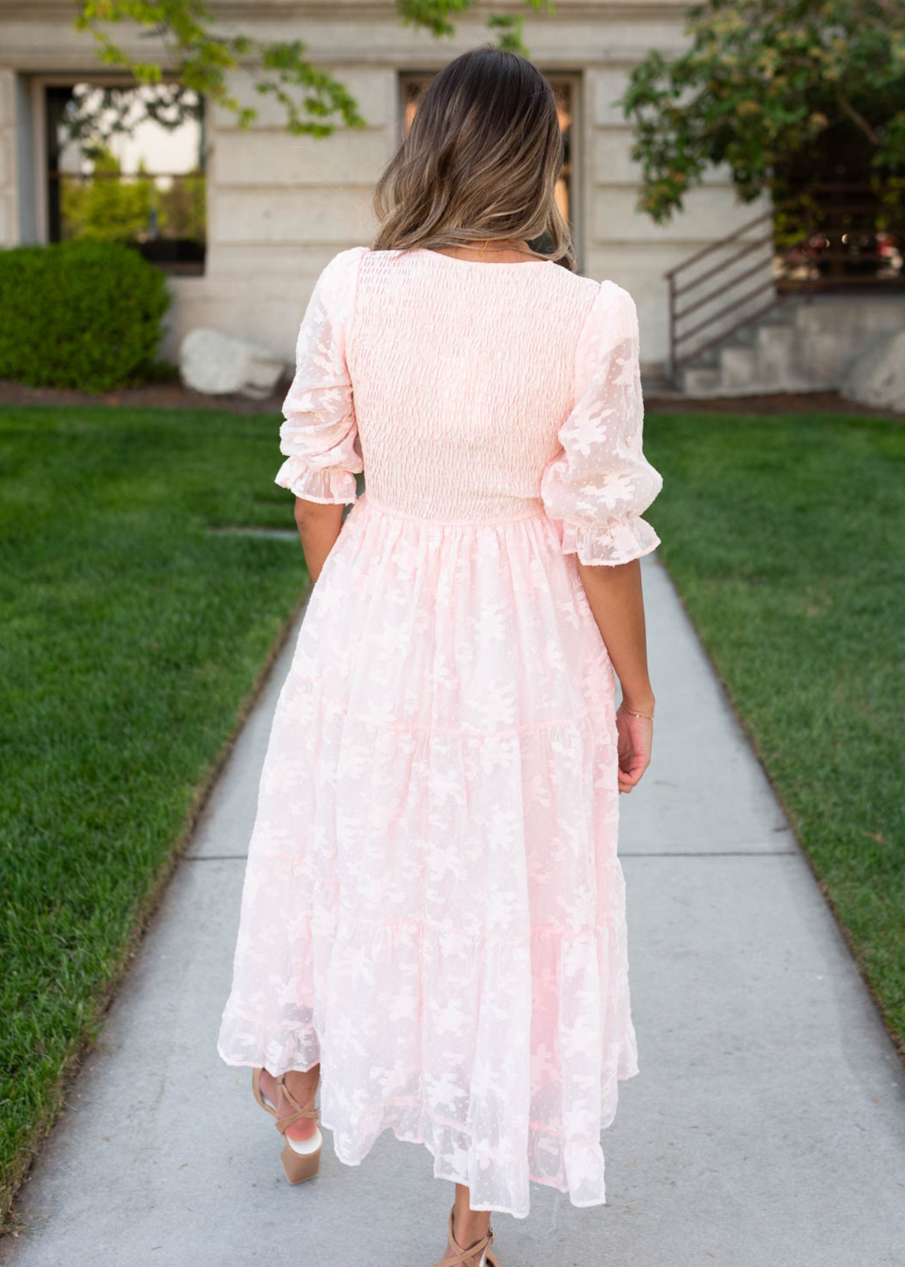 Back view of the blush v-neck maxi dress