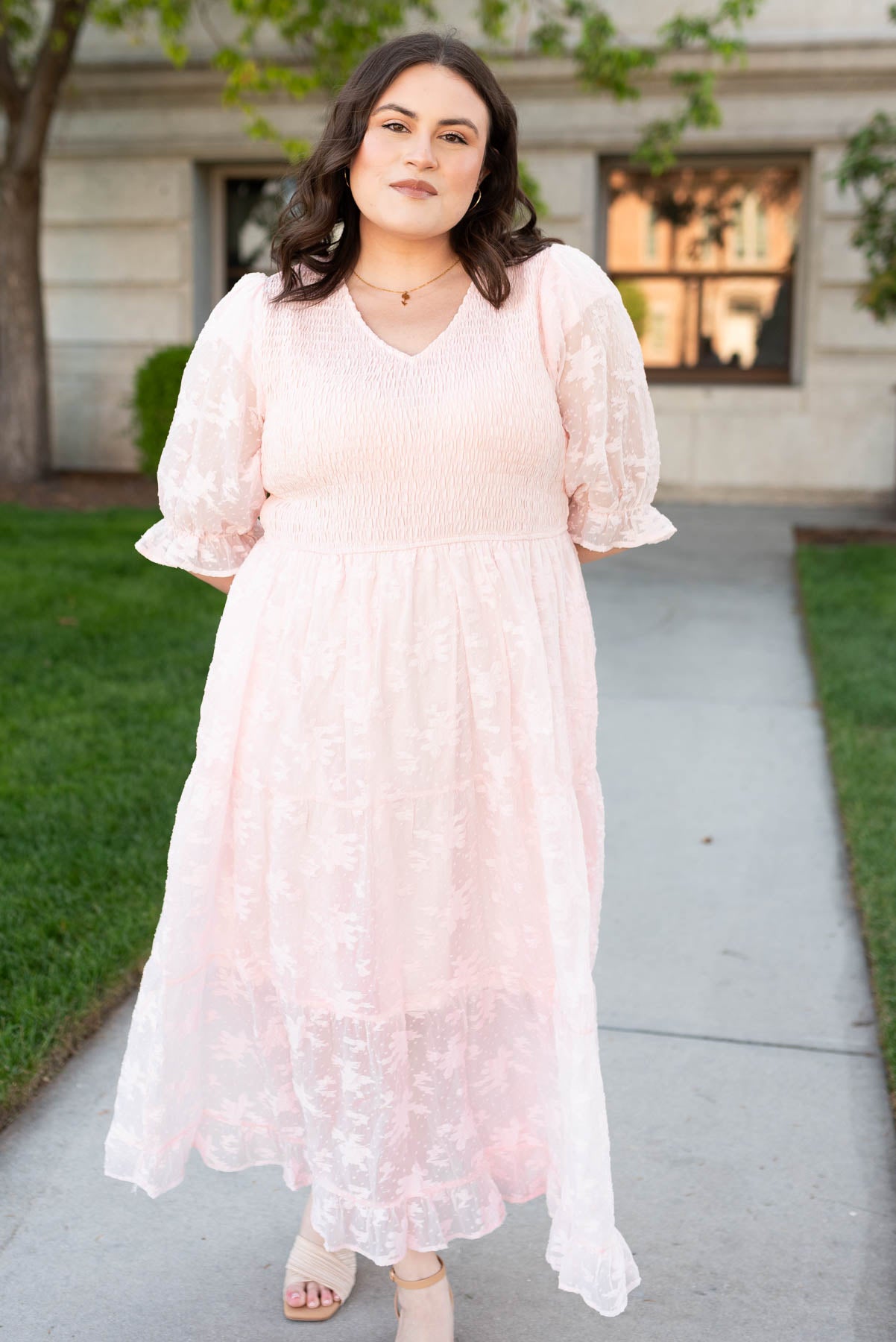 Plus size blush v-neck maxi dress with a smocked bodice