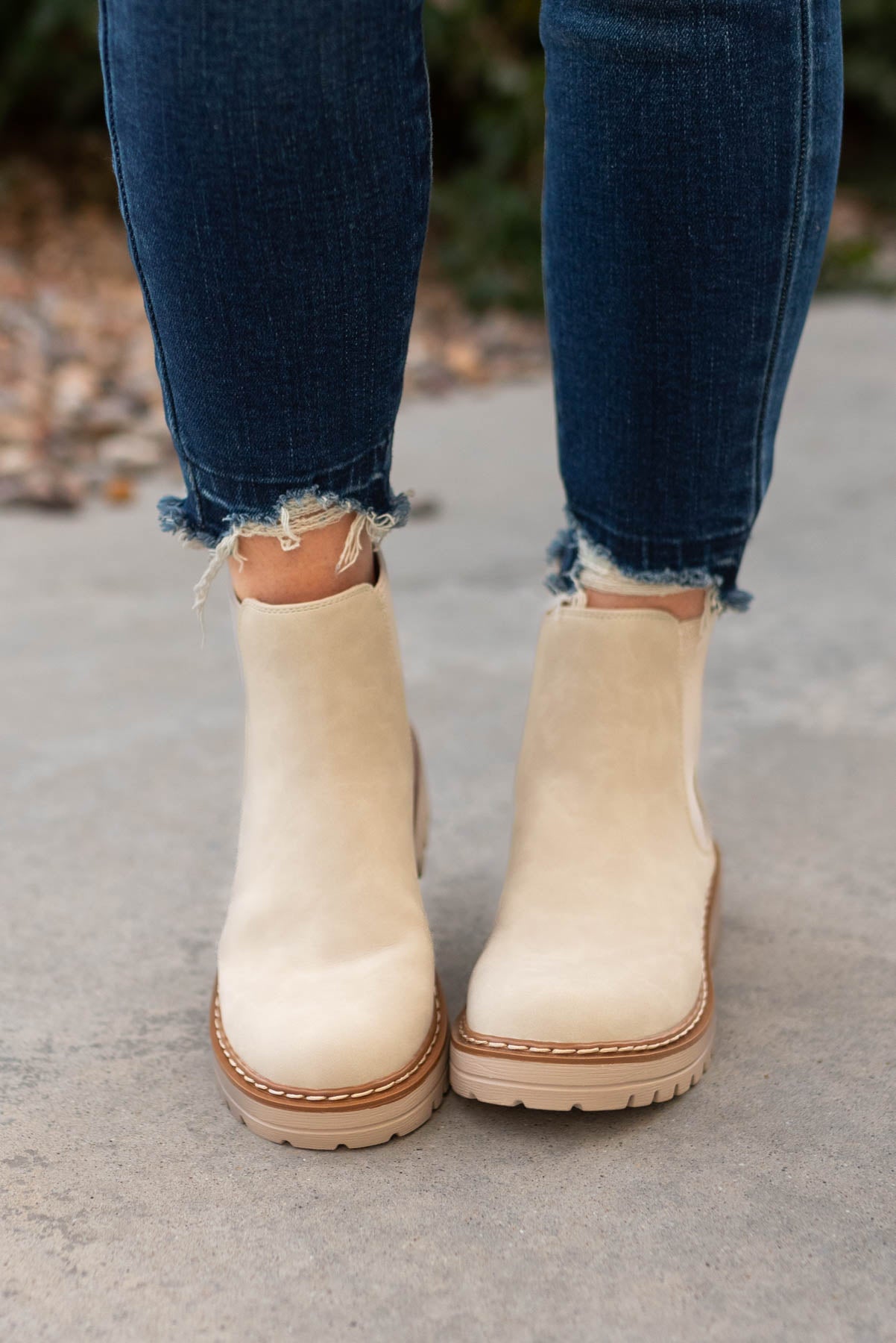 Front view of sand Chelsea boots