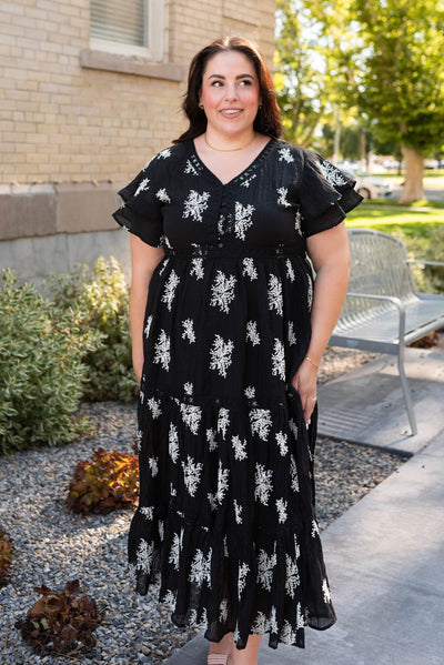 Plus size black embroidered tiered dress