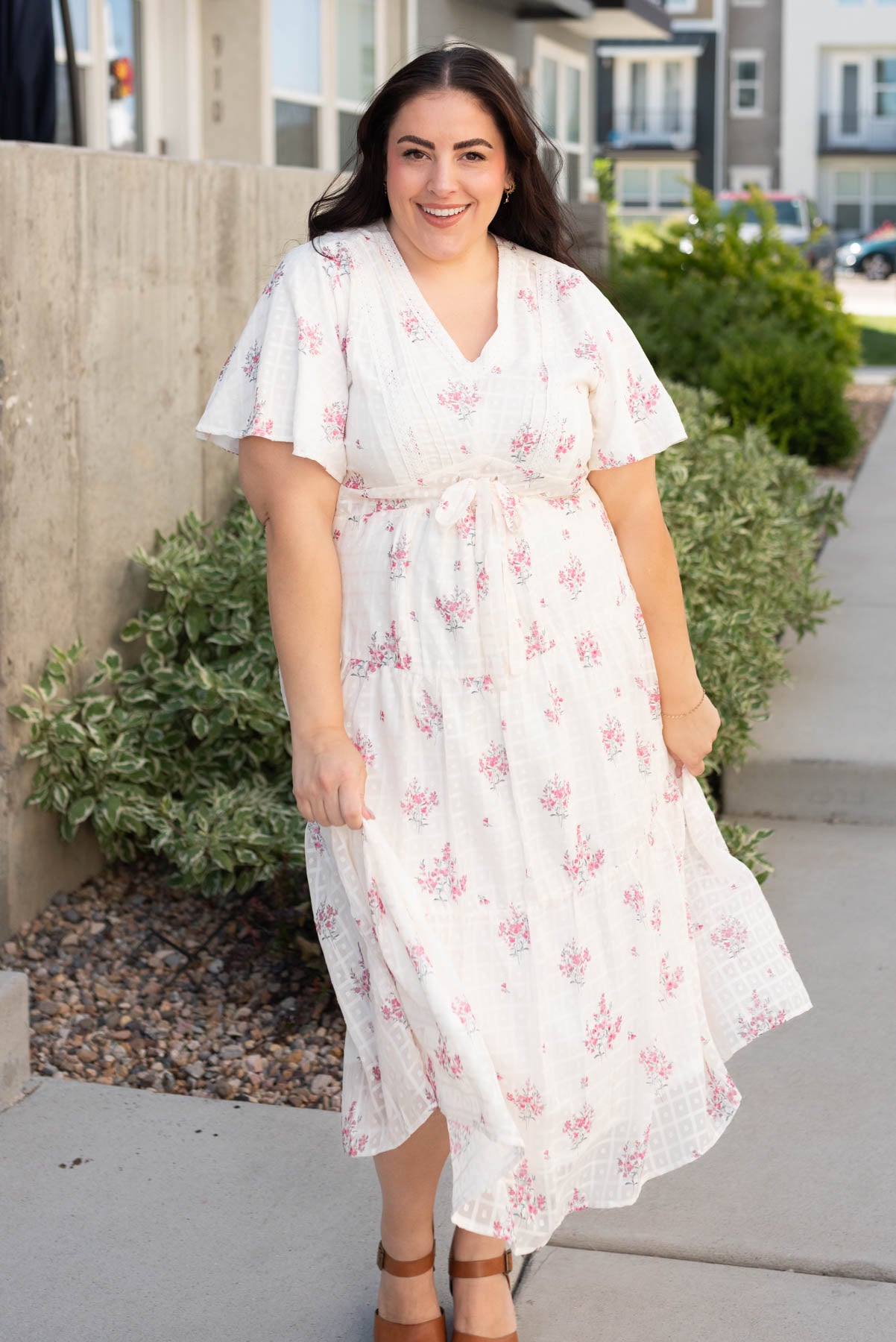 Plus size cream floral tiered dress