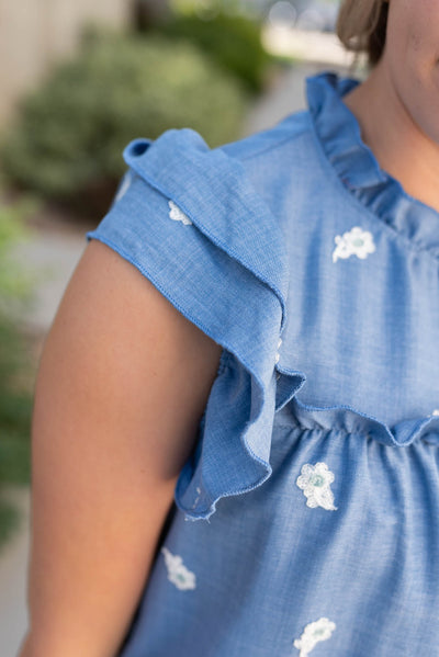 Close up of the sleeve on the denim blue floral top