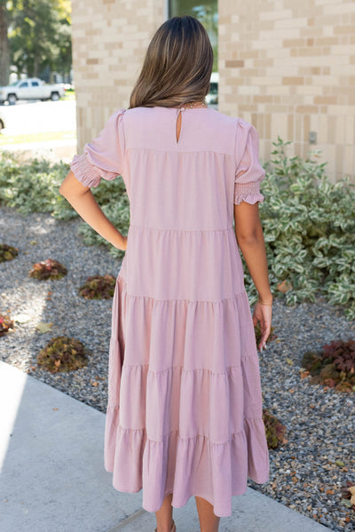 Back view of the dusty lilac basic tiered dress