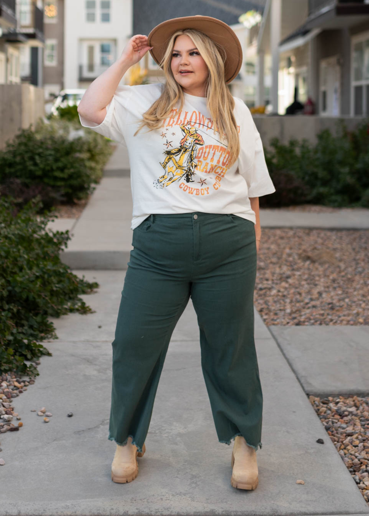 Plus size hunter green wide leg pants with frayed hem