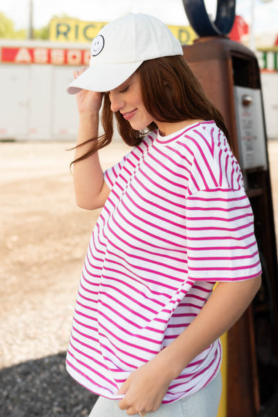 Side view of the magenta stripe top