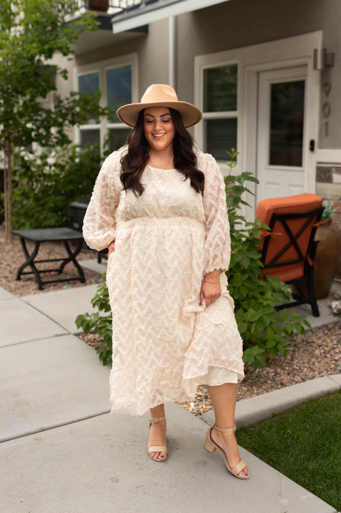 Plus size long sleeve cream textured dress