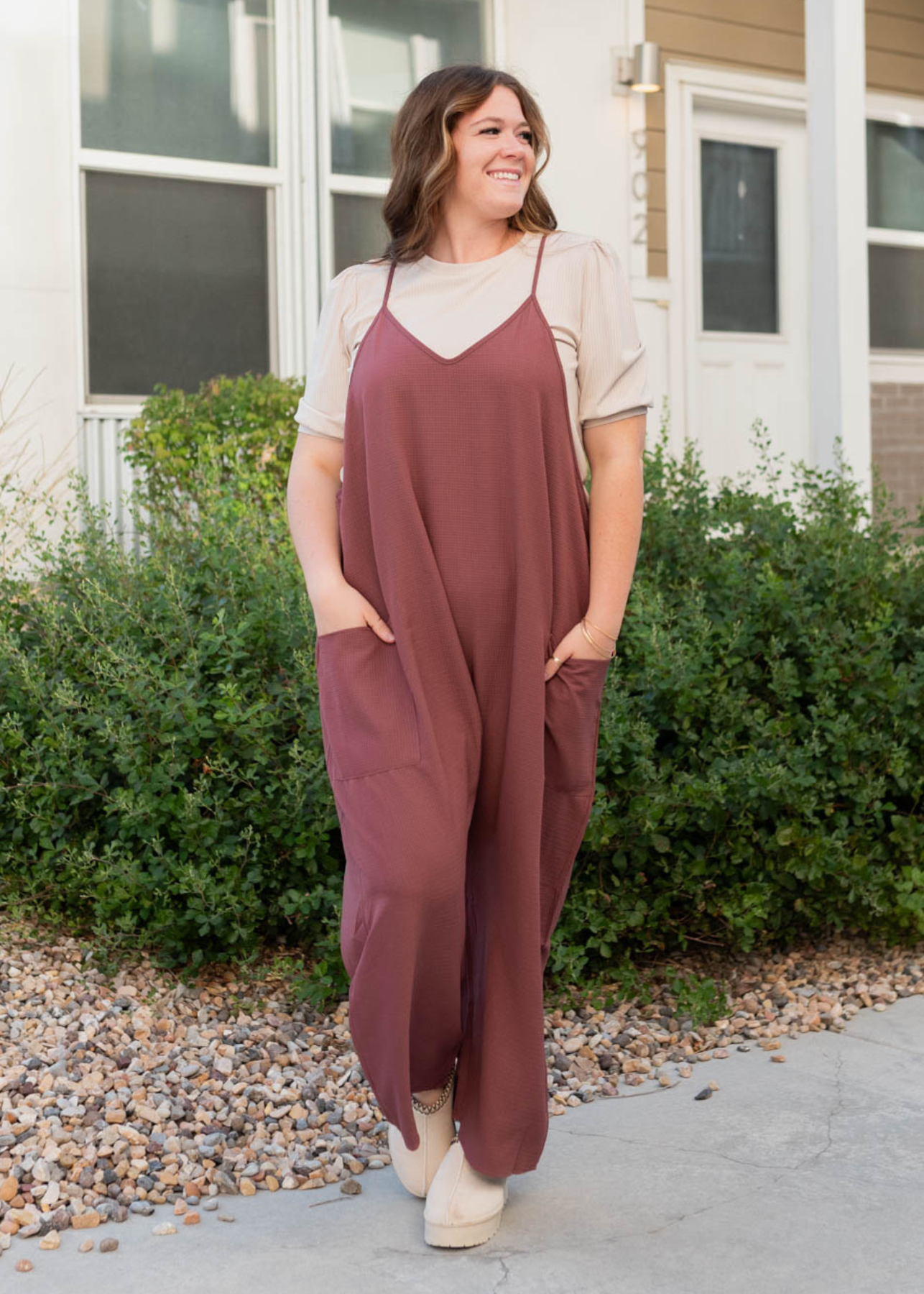 1x mahognay woven overalls with pockets in plus size