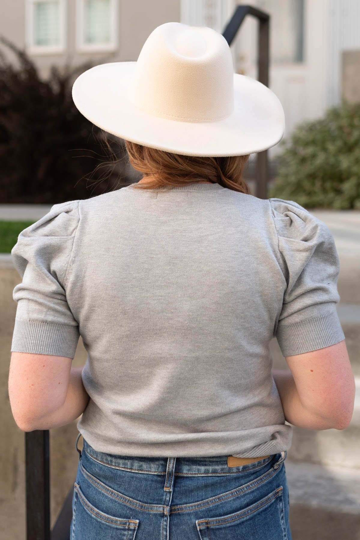 Back view of a heather grey top