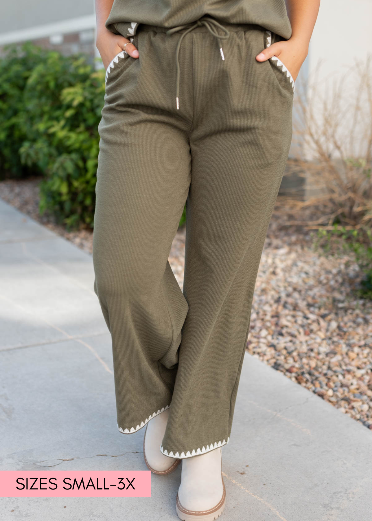 Plus size olive embroidered pant with a tie at the waist