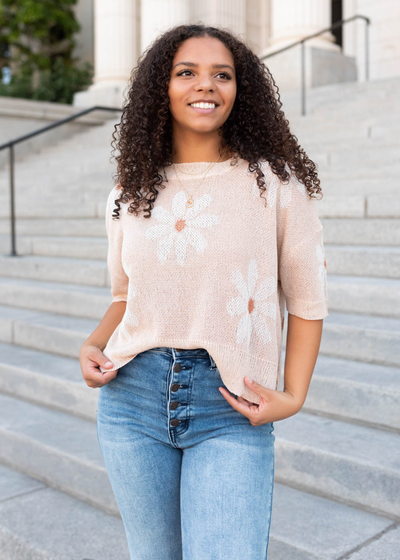 Taupe floral knit top