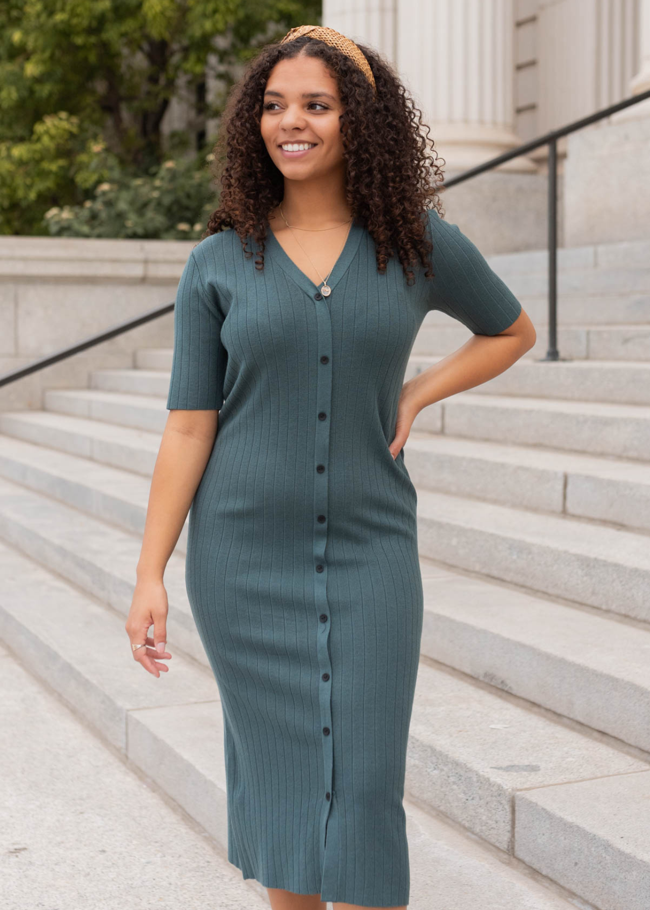 Short sleeve dark green sweater dress