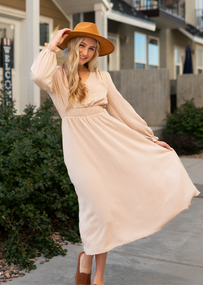 Long sleeve beige v-neck dress