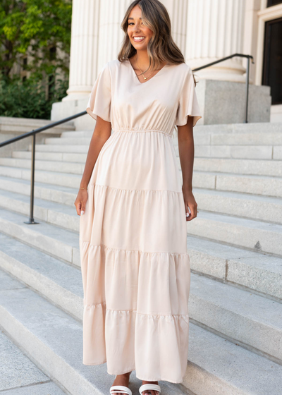Champagne maxi dress with tiered skirt